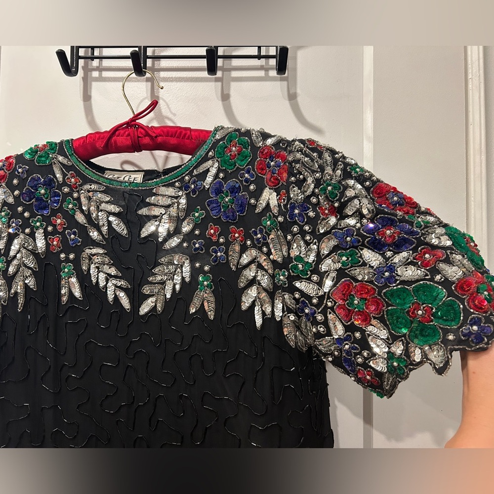 Vintage Elegant Black Silk Dress with Colourful floral beading - Picture 7 of 17